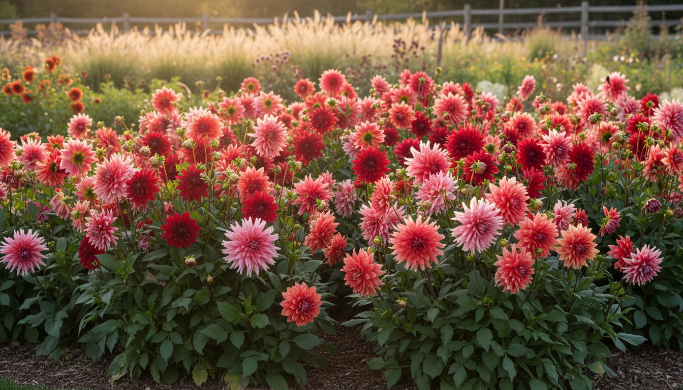 Blomstrende dahliaer i havebed i sensommeren