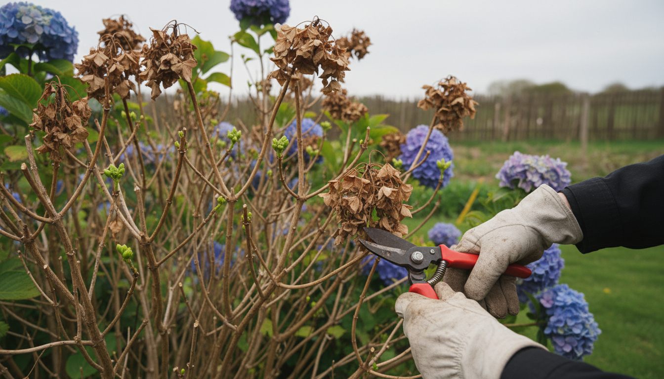 Beskæring af hortensia med beskæresaks i det tidlige forår