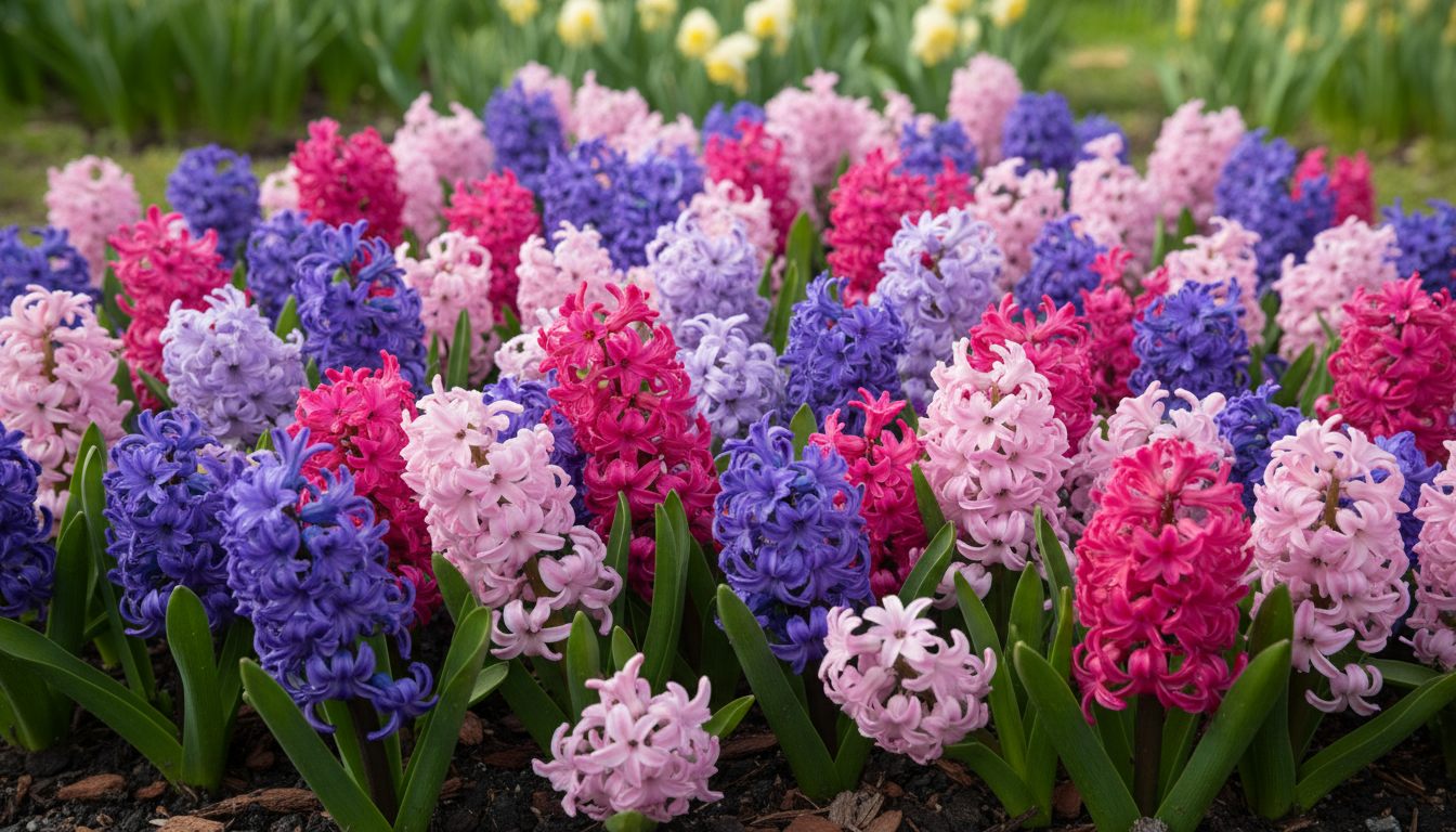Farverige hyacinter i blomst i forårsbed