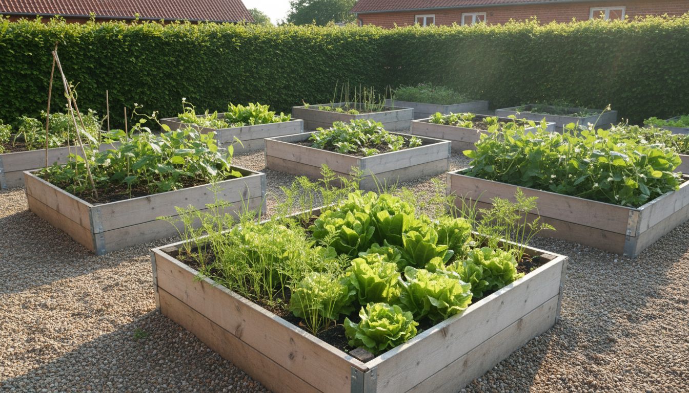 Køkkenhave med højbede, salat og gulerødder i dansk have