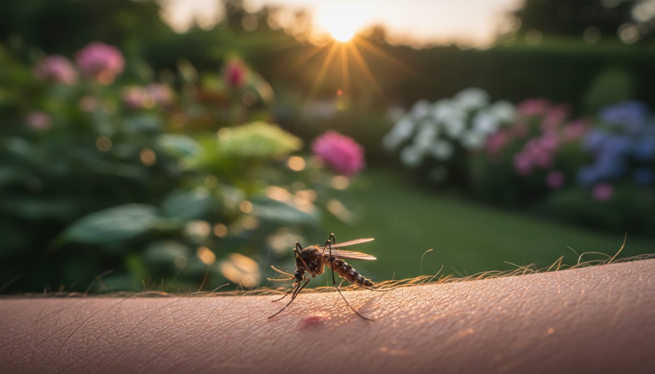Myg på hud i en dansk have om sommeren