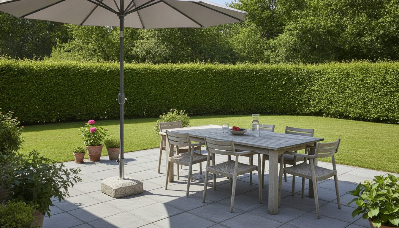 Parasol med tung fod over havebord på terrasse i dansk have