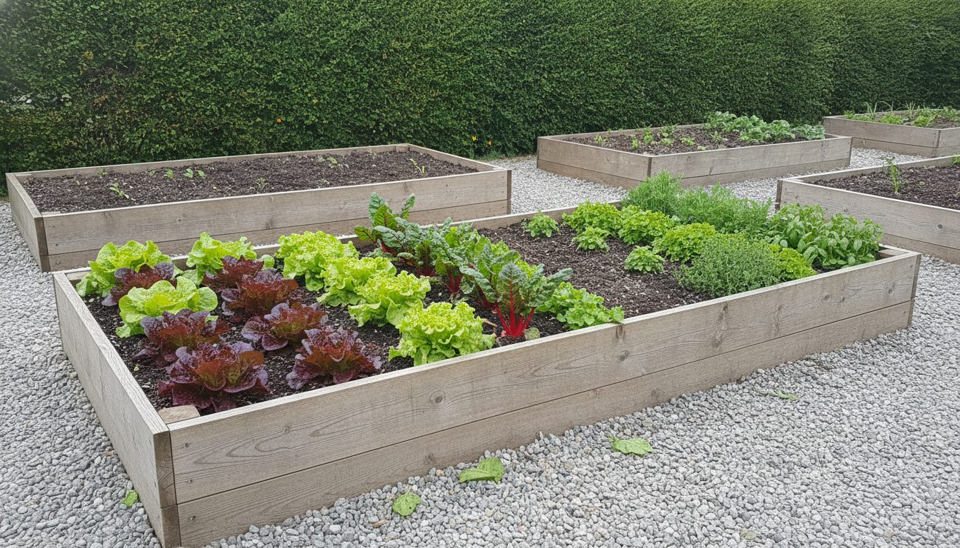 Højbed i lærketræ med salat og krydderurter i dansk køkkenhave