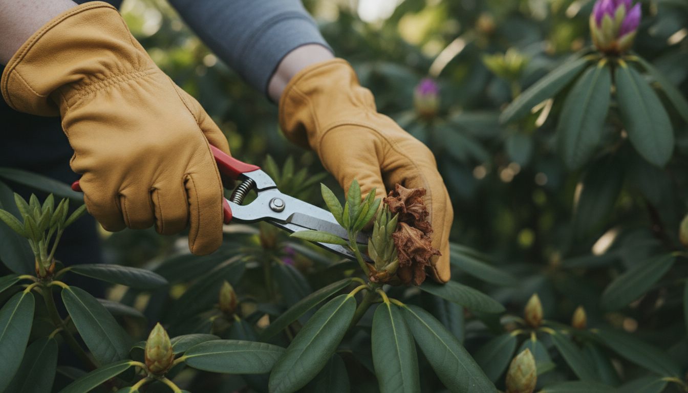 Afblomstrede blomsterstande knækkes af en rhododendron med beskæresaks