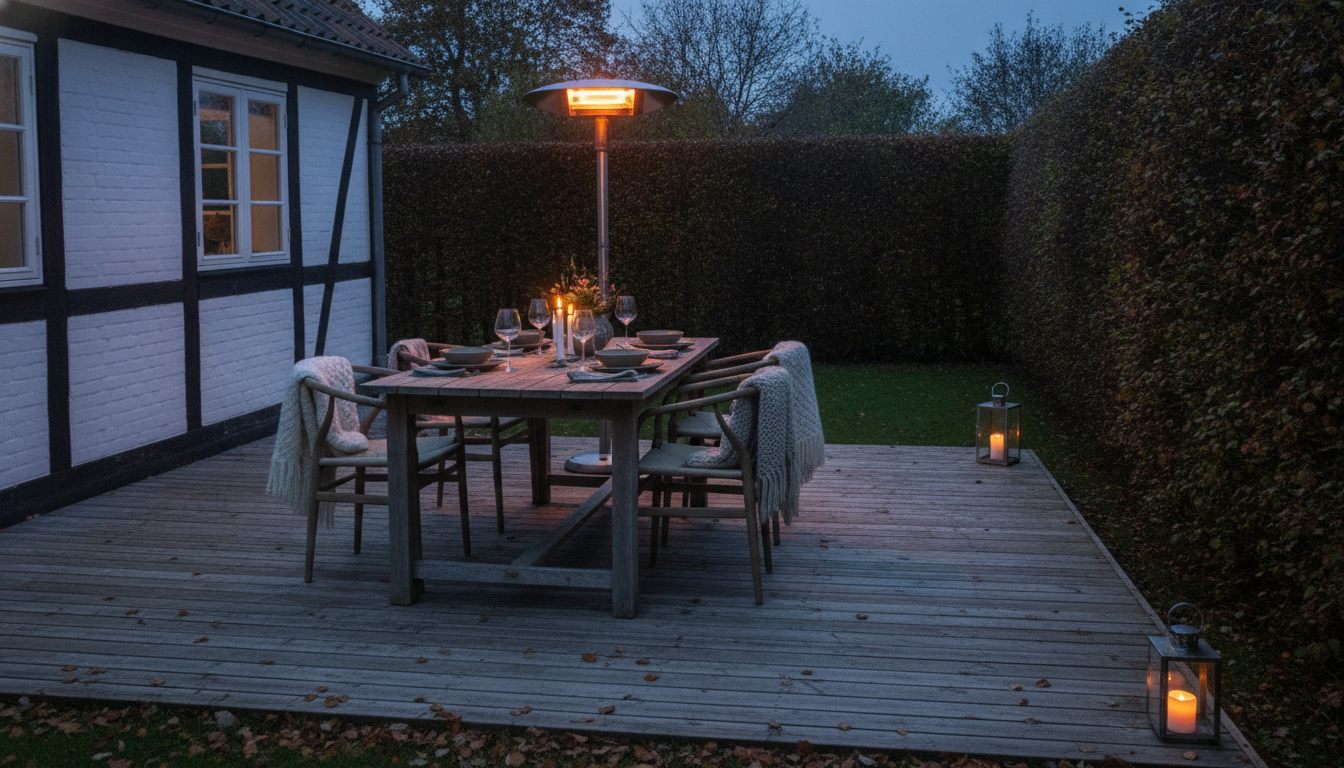 Terrassevarmer over spisebord på træterrasse en sen sommeraften