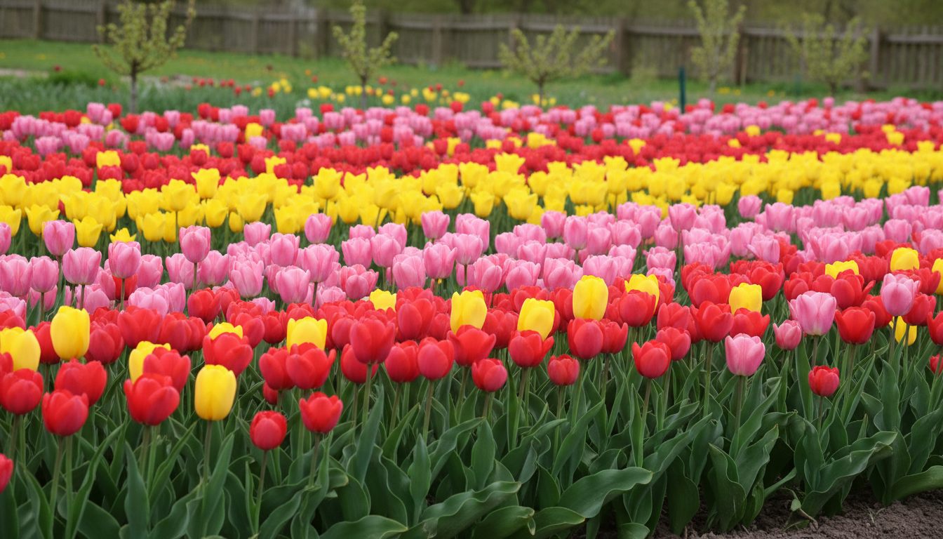 Farverige tulipaner i fuldt flor i et dansk forårsbed