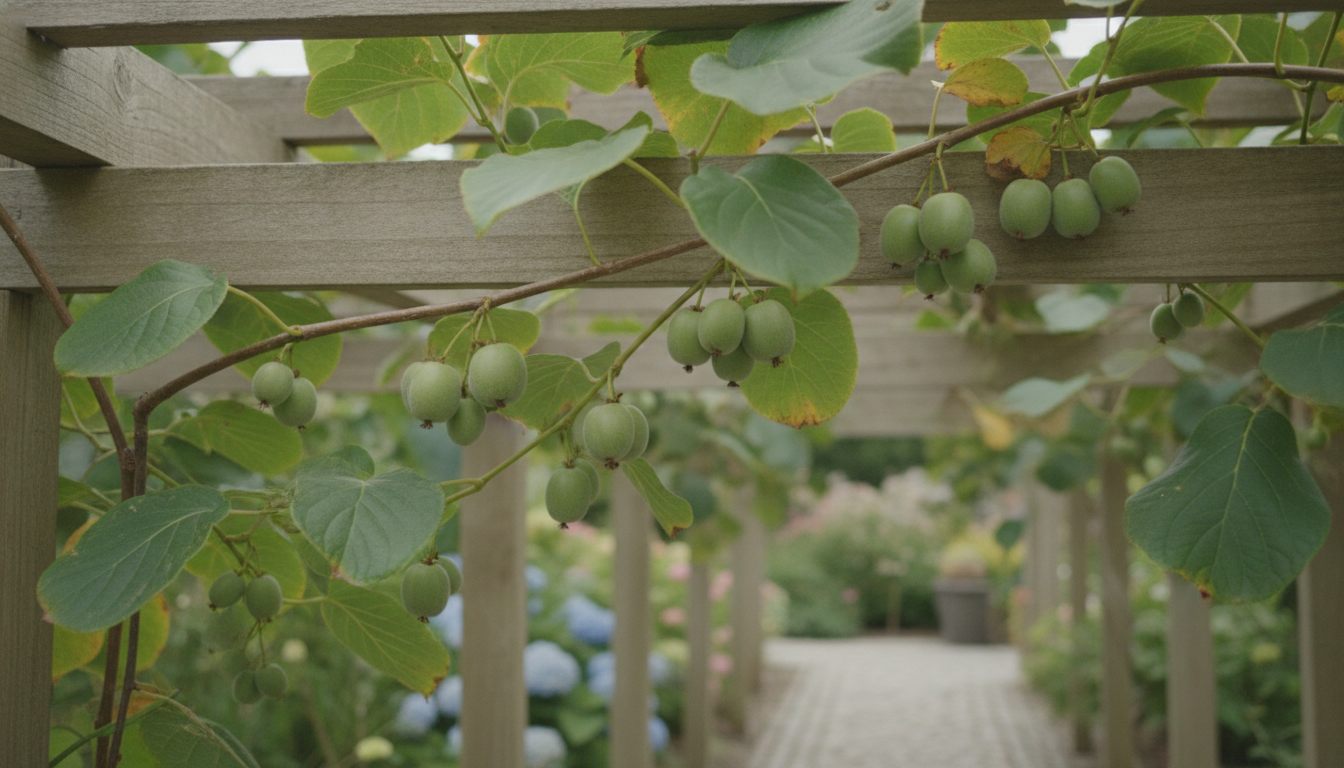 Kiwibær i klaser på vinranke langs pergola i dansk have