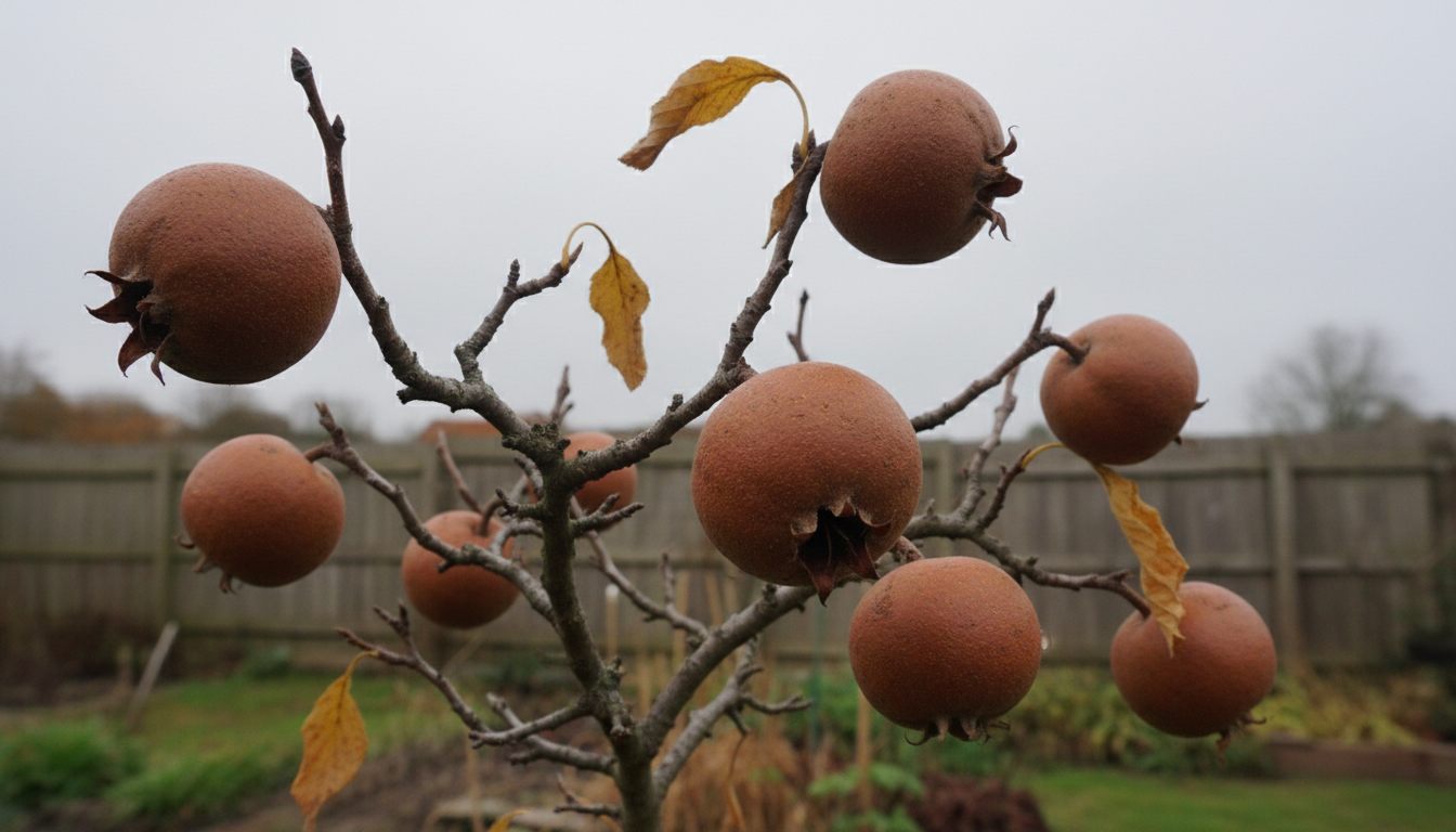 Mispelfrugter på træ i november med bare grene