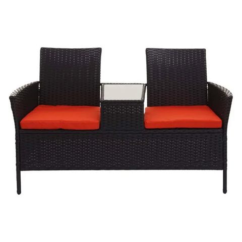 Havebænk i polyrattan med bord, 2 personer, 132 cm, sort med terracotta hynde