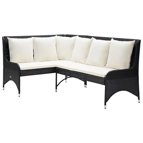Hjørnesofa i 2 dele, polyrattan, sort med cremefarvede hynder