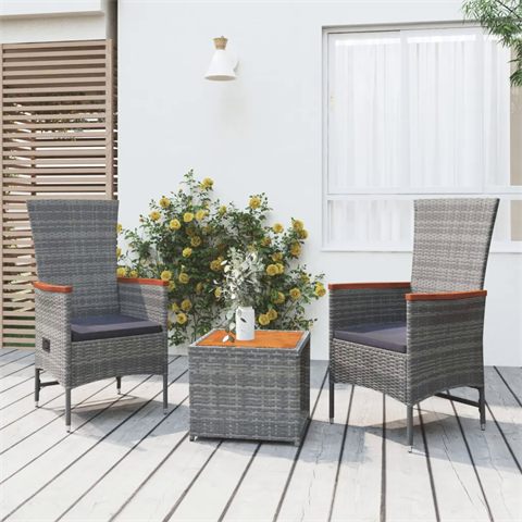 Loungesæt i polyrattan og akacie, 2 stole og bord, grå