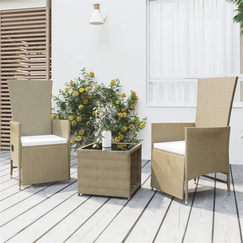 Loungesæt i polyrattan og stål, 2 lænestole og bord, beige