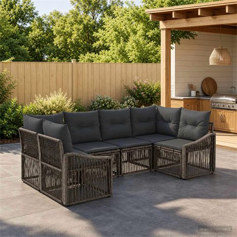 Hjørnesofa i polyrattan, 6 moduler, 6 pladser, grå