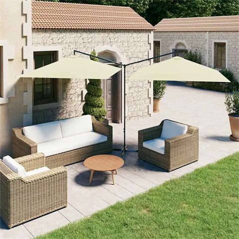 vidaXL dobbelt parasol 600 × 290 cm med stålstang (sandfarvet)